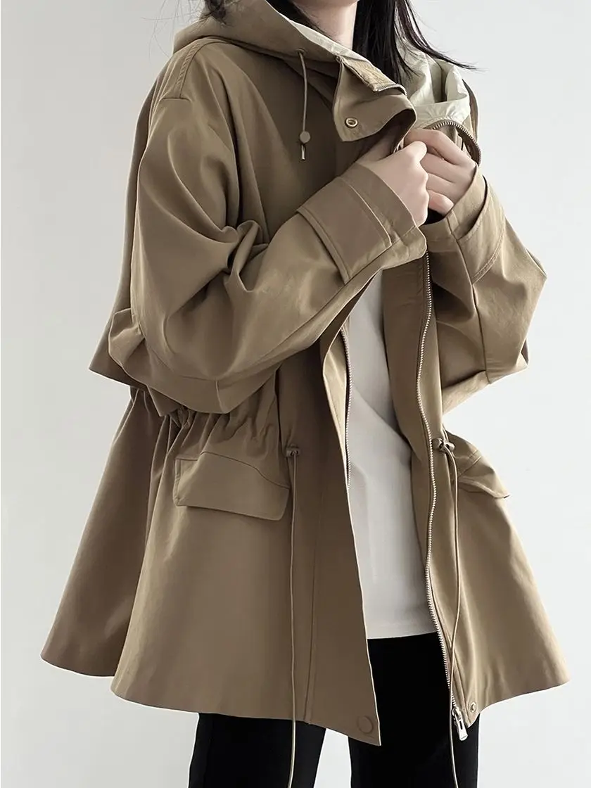 Gabardina con capucha de algodón caqui para mujer, abrigo corto nuevo de otoño e invierno, Top holgado informal Retro