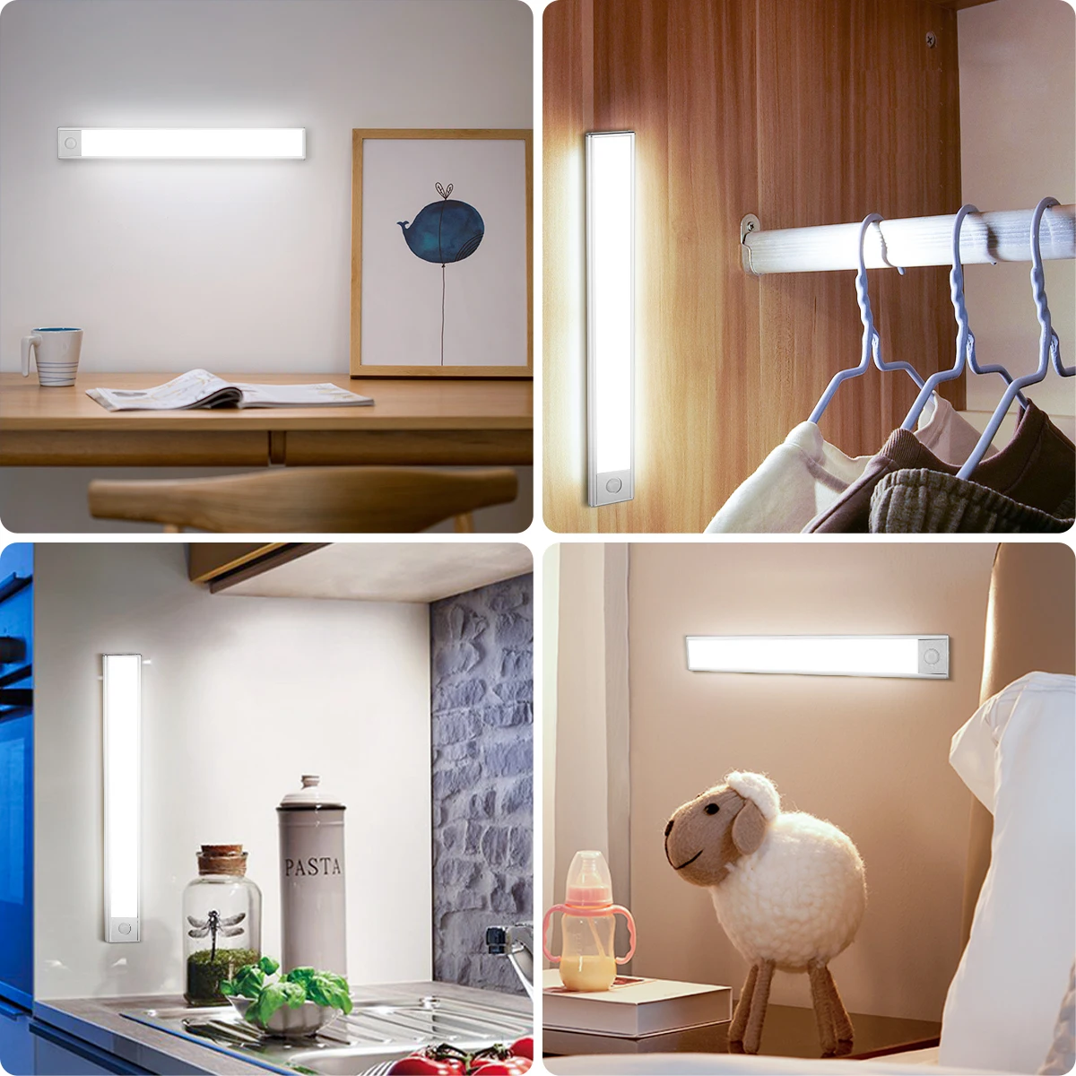 Luces de armario con Sensor de movimiento, luz LED nocturna regulable, tubo de luz Led recargable por USB inalámbrico para armario, lámpara de noche de 3 colores