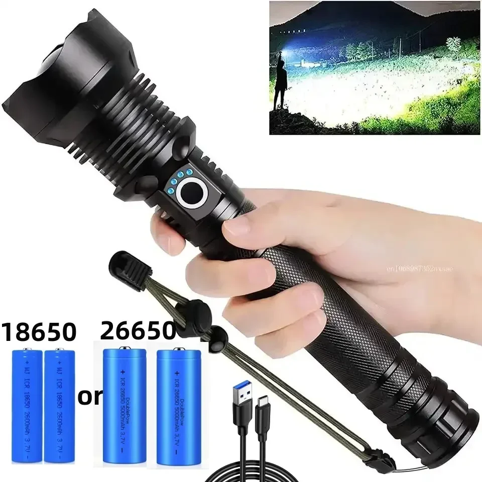 Linterna Táctica LED Recargable Súper Brillante con Zoom, Potente Linterna USB XHP70.2, Linterna XHP70 con Batería 18650 o 26650, Lámpara de Campamento