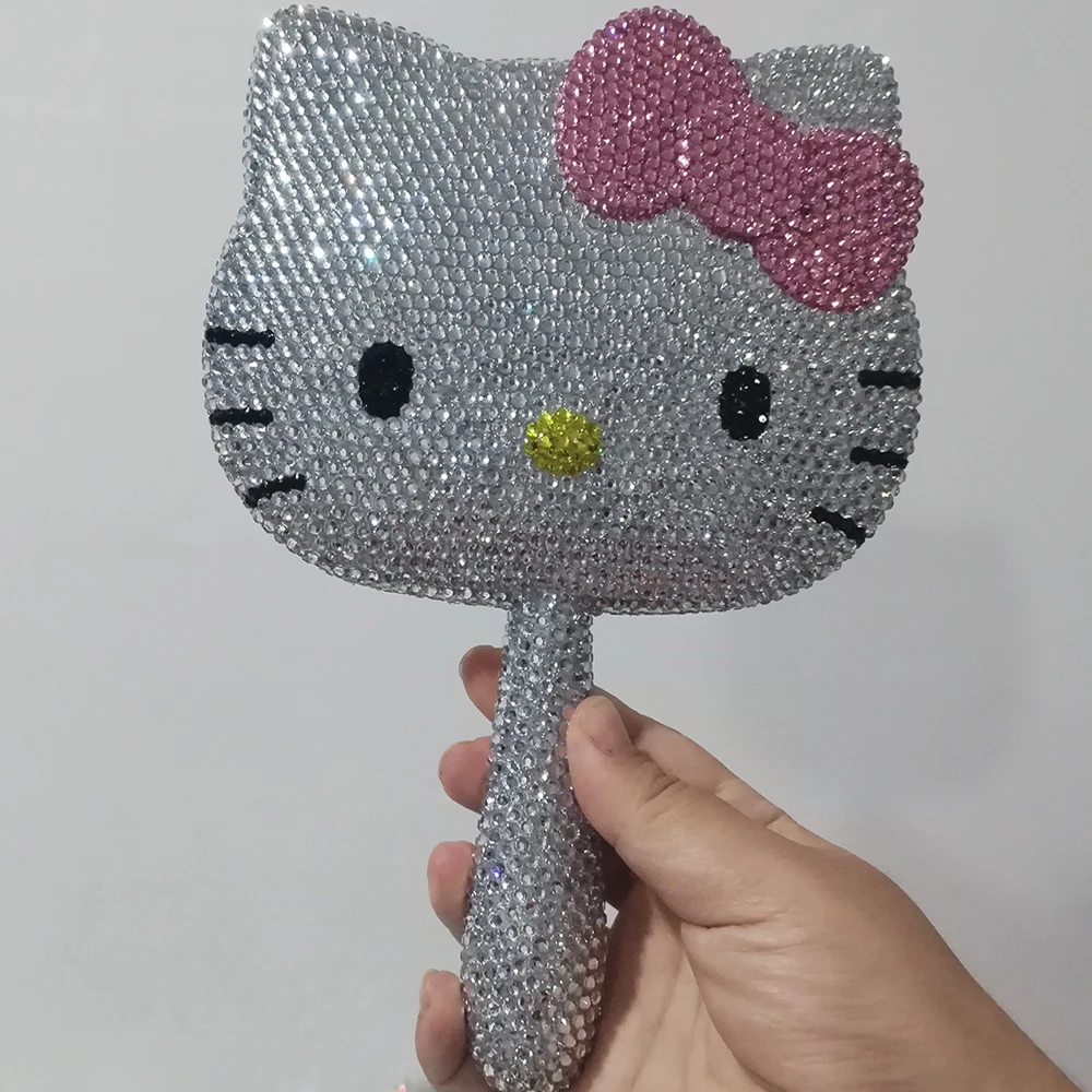 Espejo de cristal Hello Kitty Kawaii, espejo de mano con diamantes de imitación brillantes, regalo de cumpleaños para niña, decoración para sala de estar