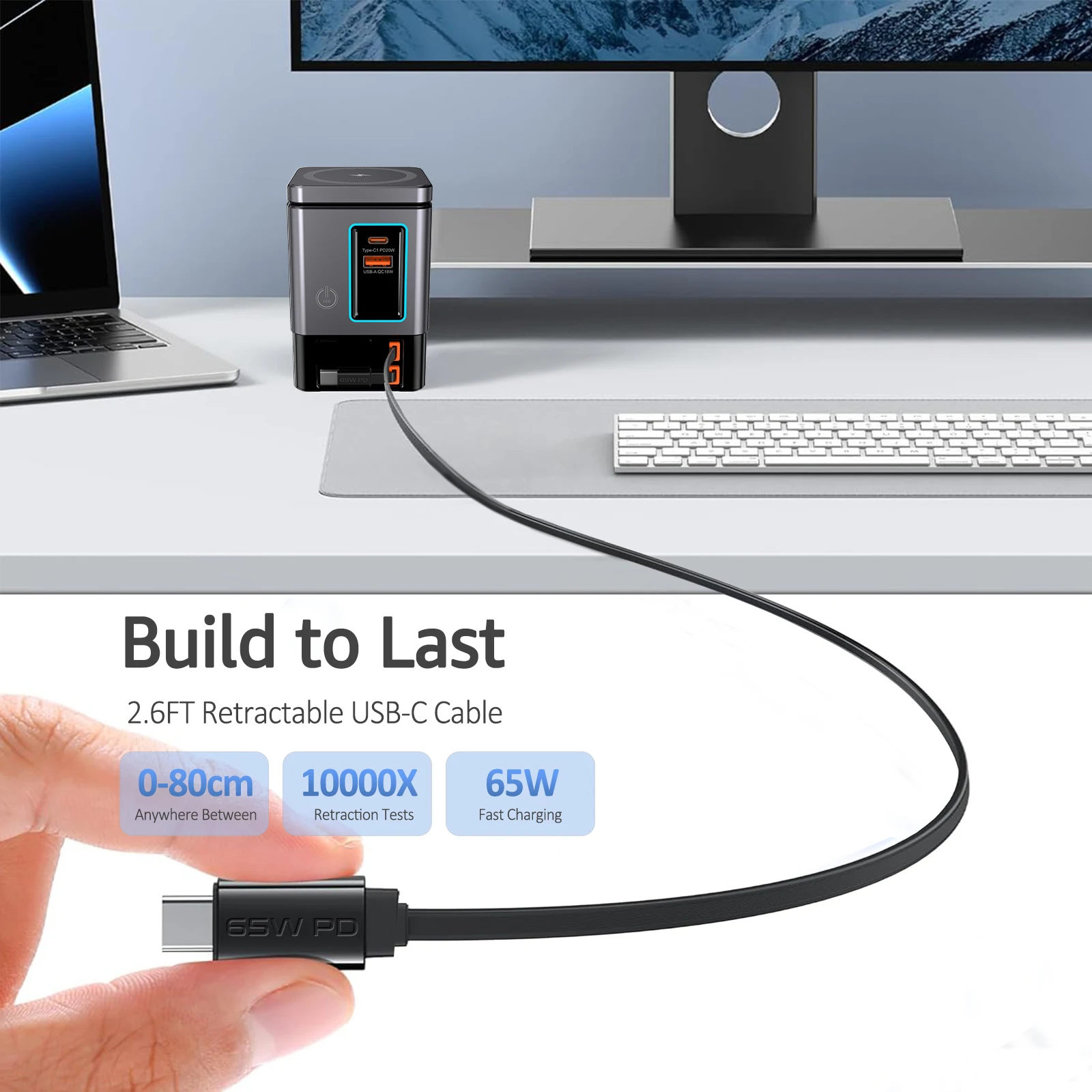 Estación de carga 6 en 1 con cable USB-C retráctil Torre combinada de alimentación 105W para múltiples dispositivos Cargador rápido para iPhone Airpod