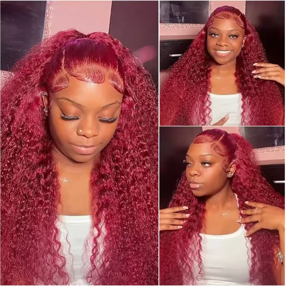 Peluca de cabello humano con encaje frontal de 16 pulgadas, 34 pulgadas, 13x4, color burdeos, ondas profundas, para mujer, densidad 200, HD transparente, pelucas rojas rizadas profundas, pre-arrancadas con cabello de bebé