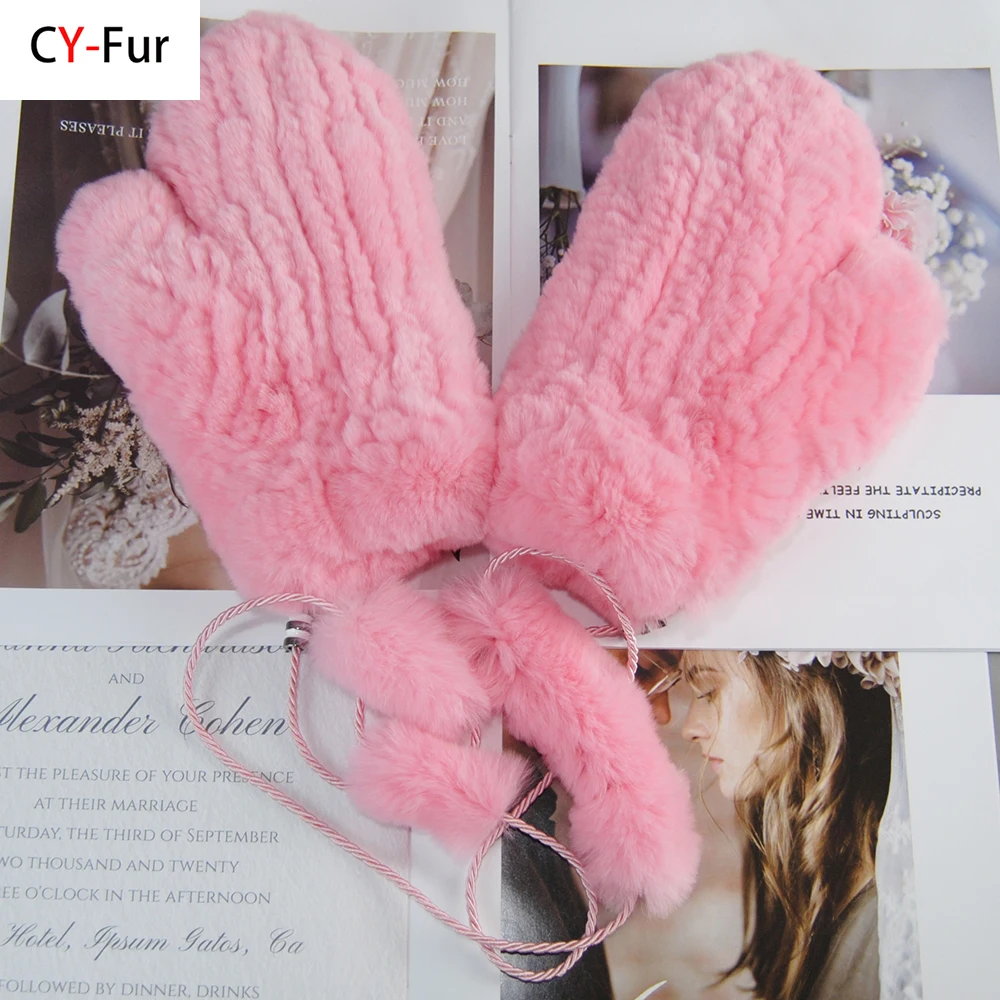 Gran oferta de guantes de piel de conejo Rex auténtica Natural, buenos guantes elásticos de invierno tejidos de piel de conejo auténtica para mujer, guantes de piel auténtica para exteriores