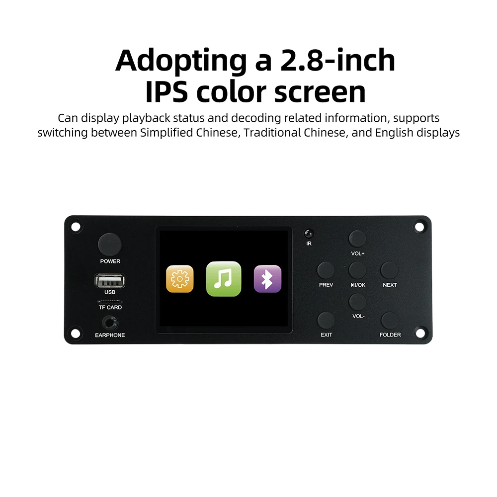Amplificador TFT de 2.8 pulgadas, Reproductor de Audio BT sin Pérdidas, Placa Decodificadora MP3 DC 5-12V, Módulo de Radio FM USB TF para Auto, Pantalla a Color IPS