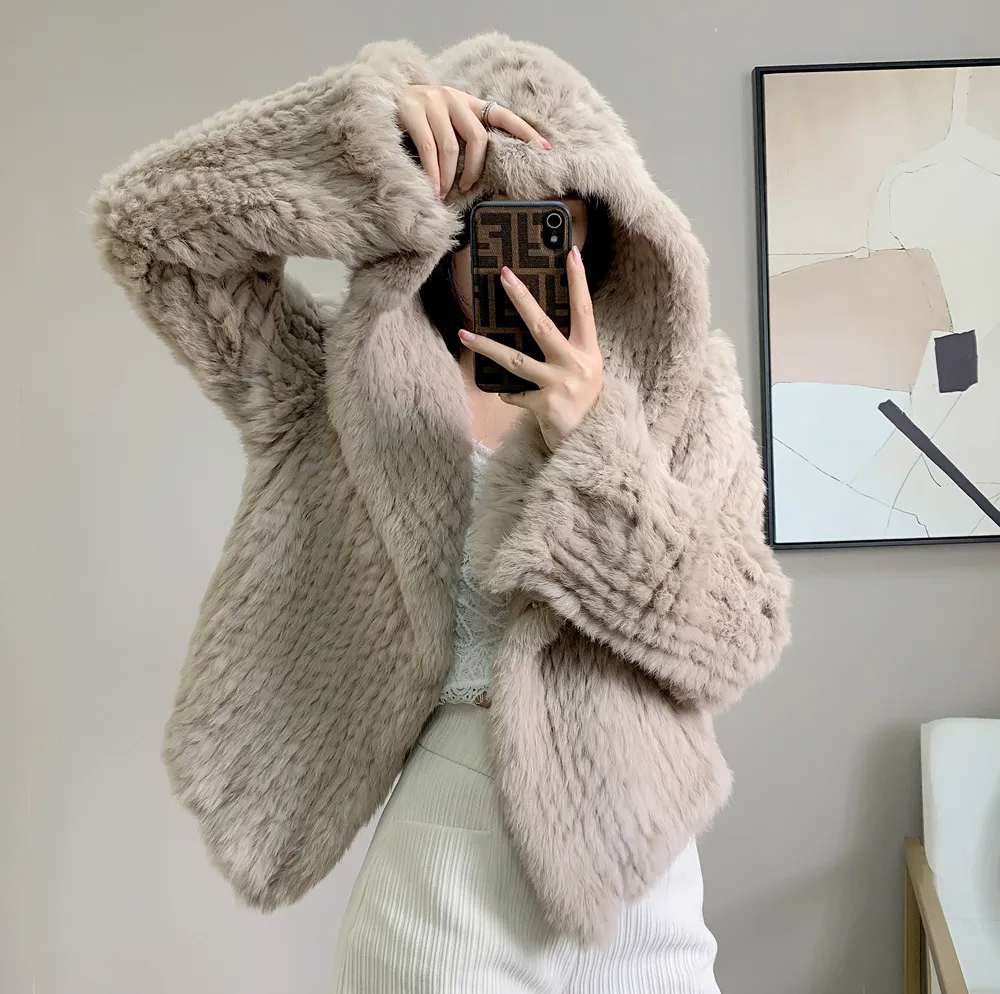 Abrigo con capucha de piel de conejo auténtica para mujer, chaqueta de piel auténtica holgada informal de manga larga con capucha, prendas de vestir de piel Natural para mujer