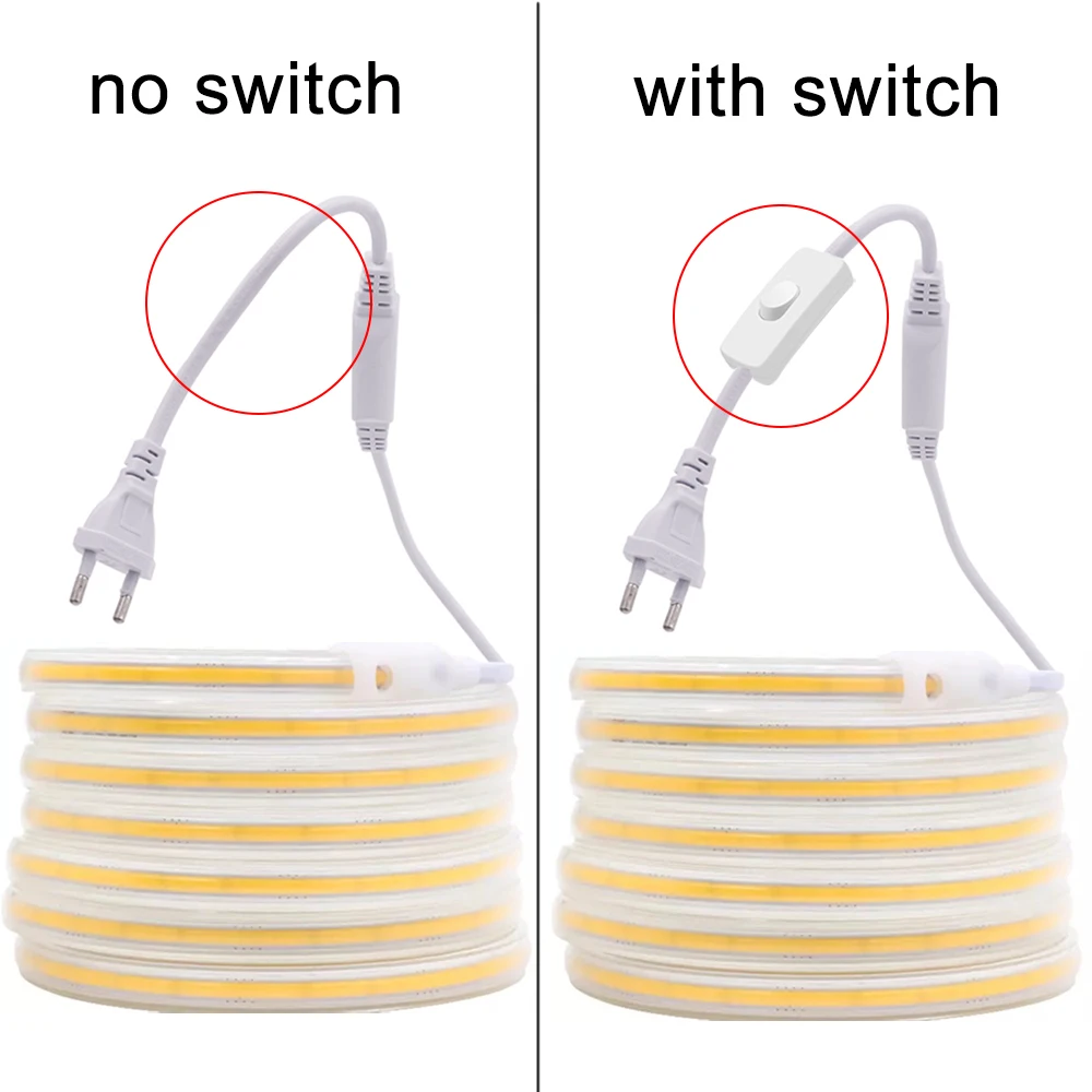 Tira de LED COB de 220V de Alta Luminosidad, Cinta Flexible para Iluminación de Habitaciones, Dormitorios y Cocinas