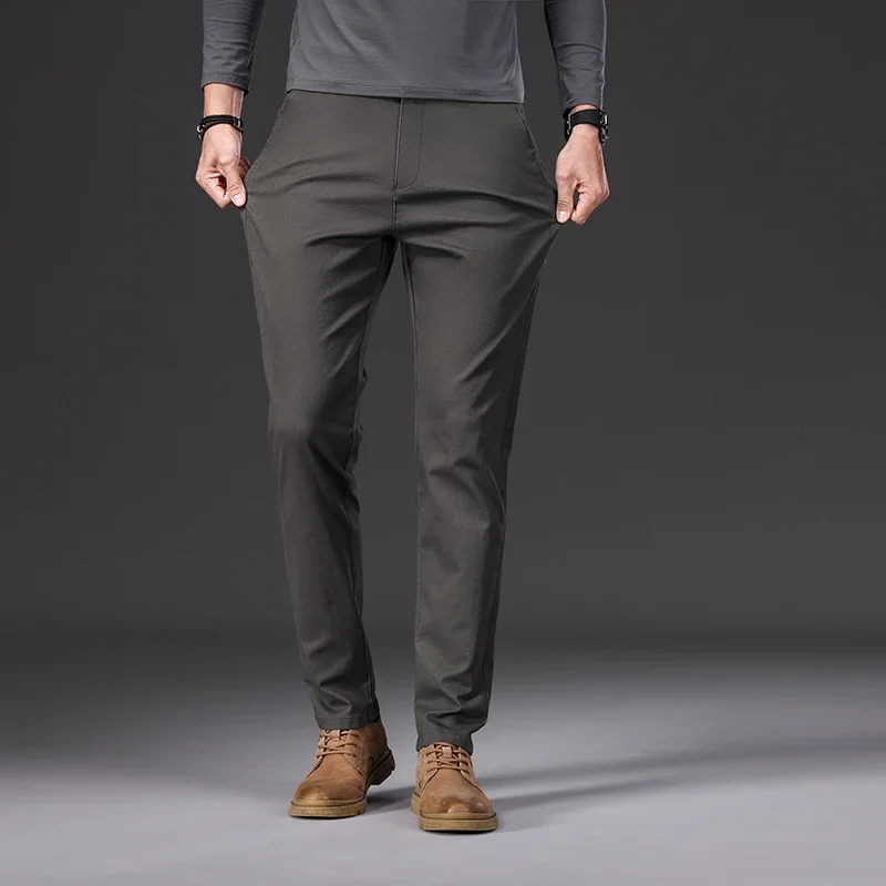 Pantalones informales 97% algodón para hombre, moda de otoño, cómodos, elásticos, ajustados, rectos, de negocios, negro, verde militar, caqui