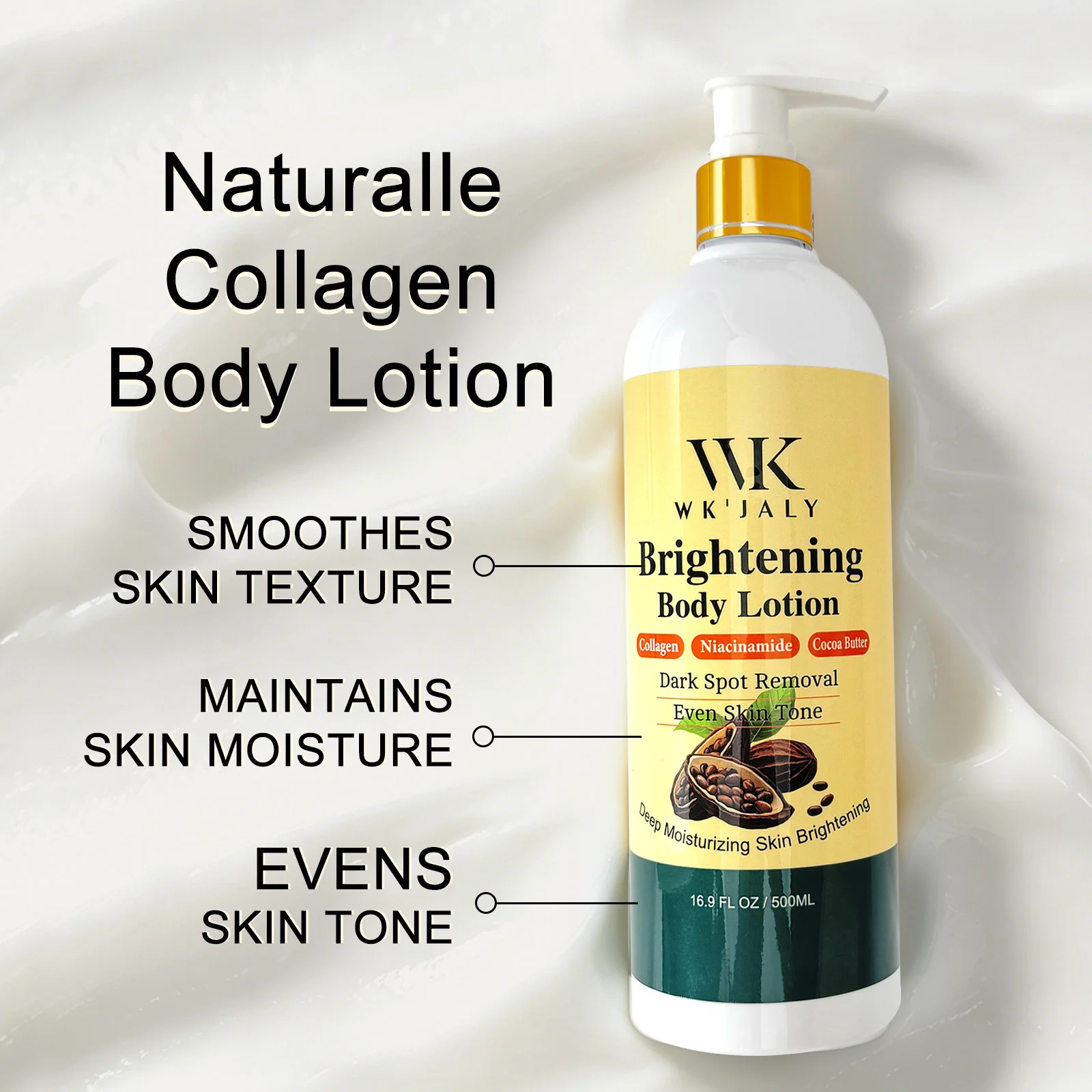 Loción Corporal Blanqueadora con Colágeno WK JALY, Elimina Manchas Oscuras, Melanina, Hidrata, Suaviza la Piel, con Papaya Natural y Niacinamida