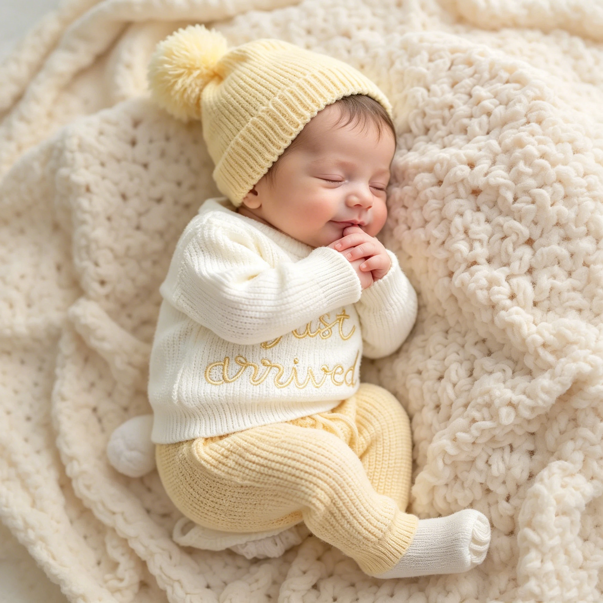 Ylsteed - Conjunto de 3 Piezas de Ropa de Punto para Fotografía de Recién Nacidos, Bordado 'Just Arrived', Color Caqui, Suéter para Bebé, Regalo para Baby Shower