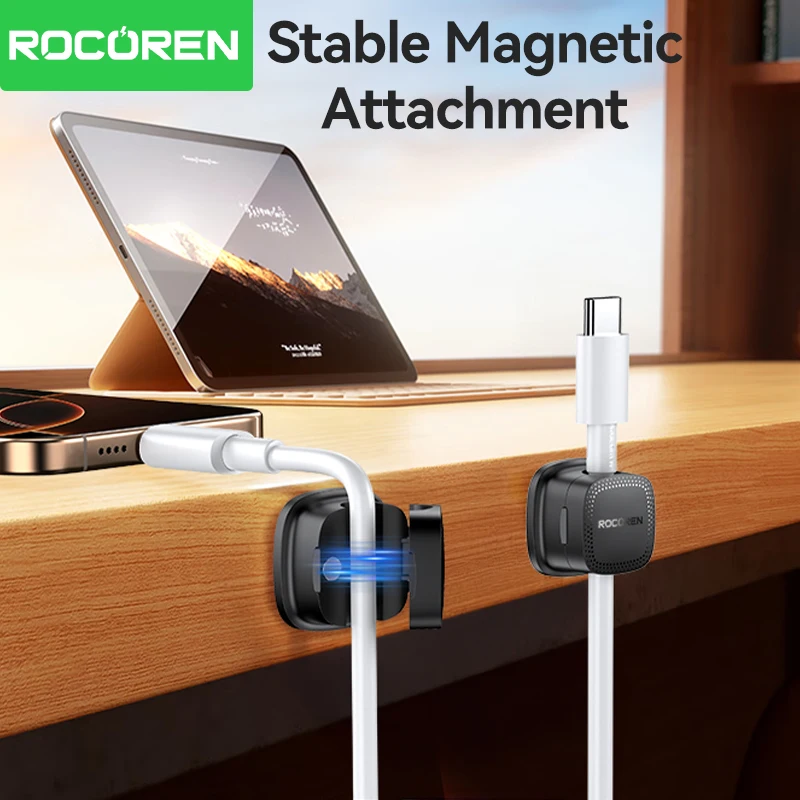 Rocoren-organizador de cables magnético, soporte de cables ajustable suave debajo del escritorio, gestión de cables estable, Clips para cables, 6 uds.