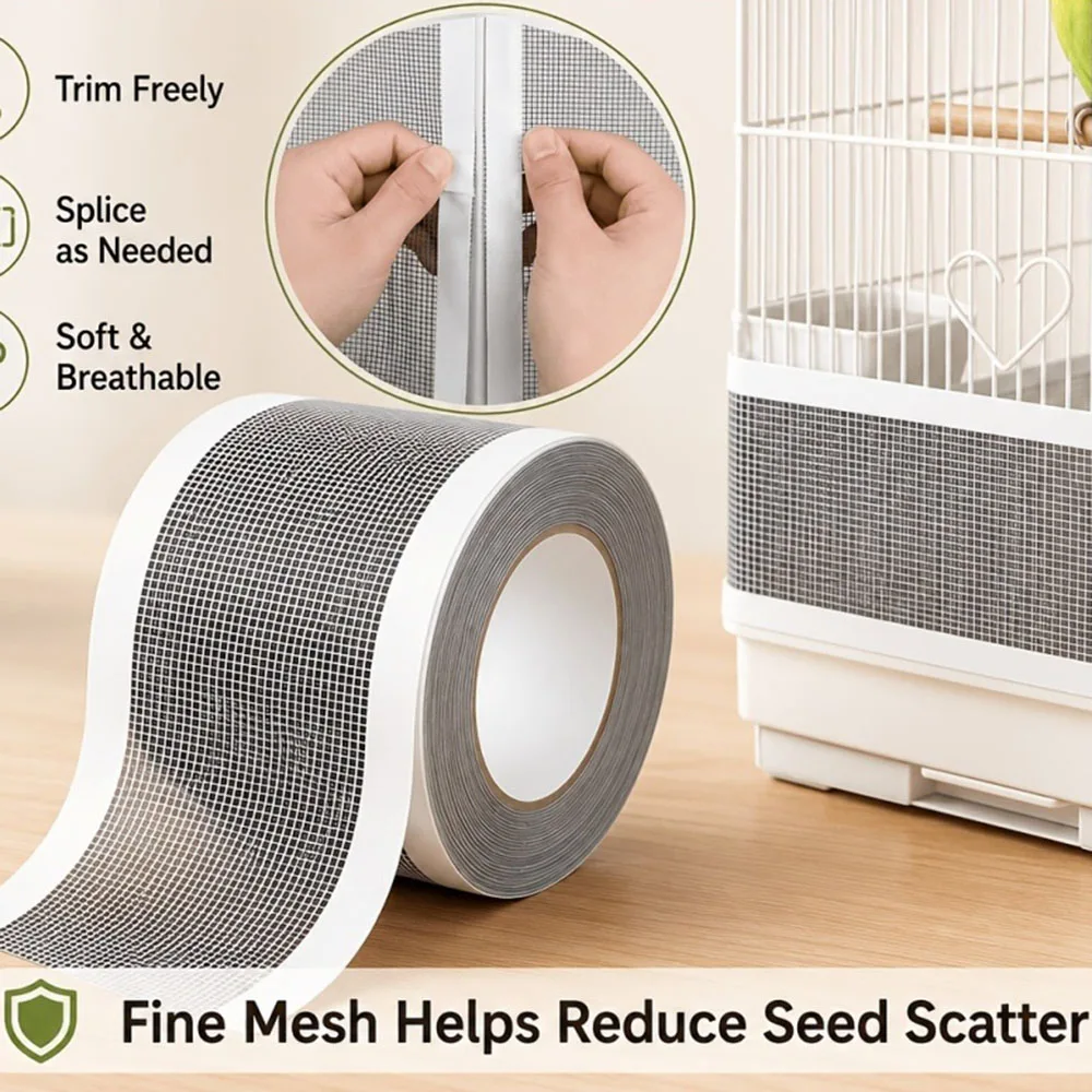1 unidad de red de malla autoadhesiva y cortable para jaula de pájaros, protector transpirable antisalpicaduras, cubierta envolvente, accesorios para plumas de loros
