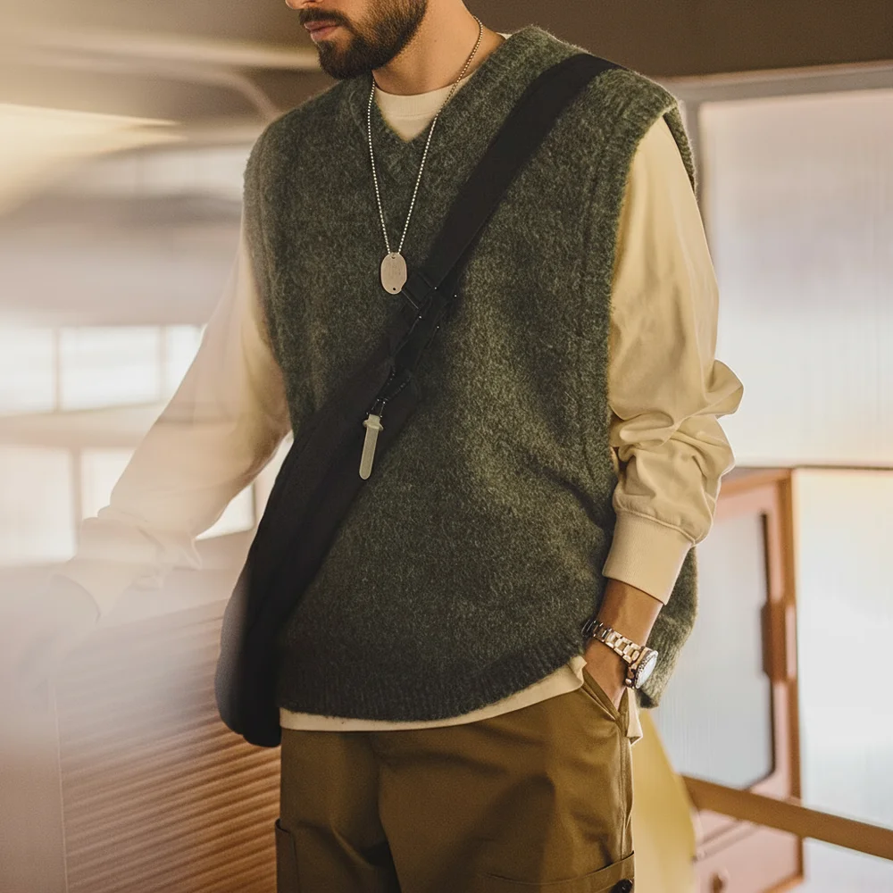 Chaleco de Punto Retro Maden con Cuello en V, Mezcla de Lana, para Usar en Capas, Chaleco sin Mangas Cálido para Hombre, Otoño Invierno, Prendas de Punto