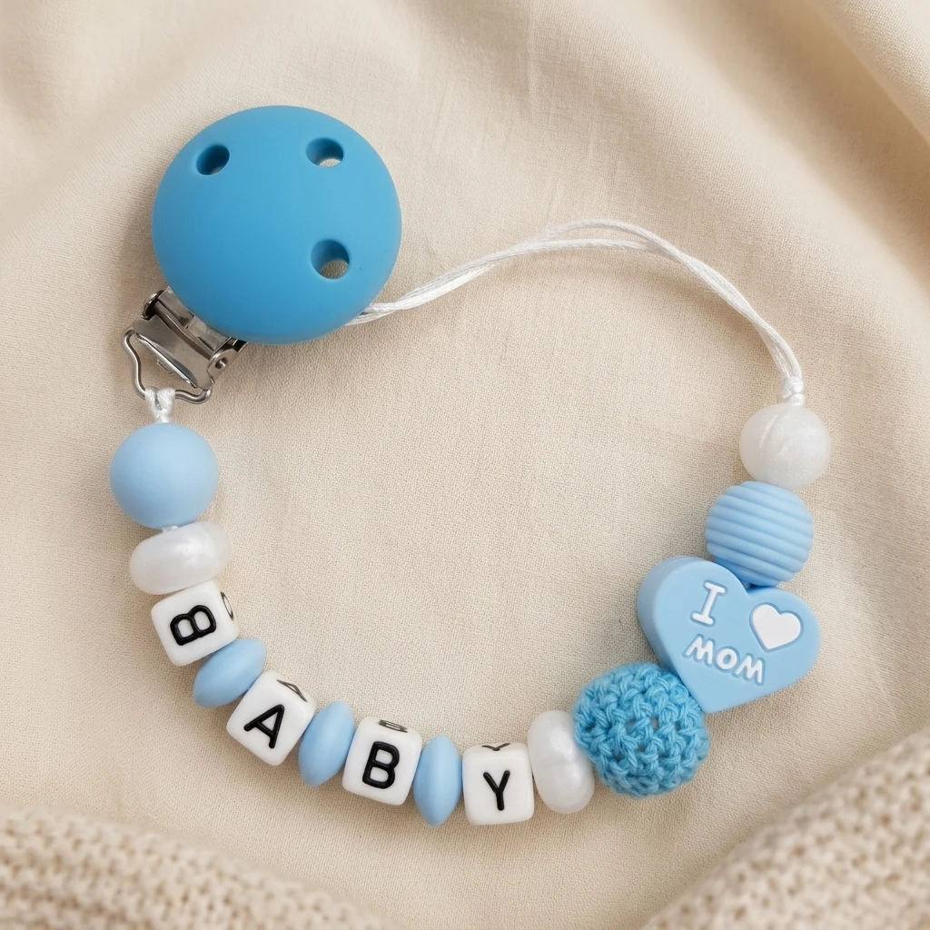 Soporte de silicona personalizado para mordedor de bebé, clip para chupete con nombre personalizado, cadena para chupete azul sin BPA, regalo para baby shower 'I Love Mom'