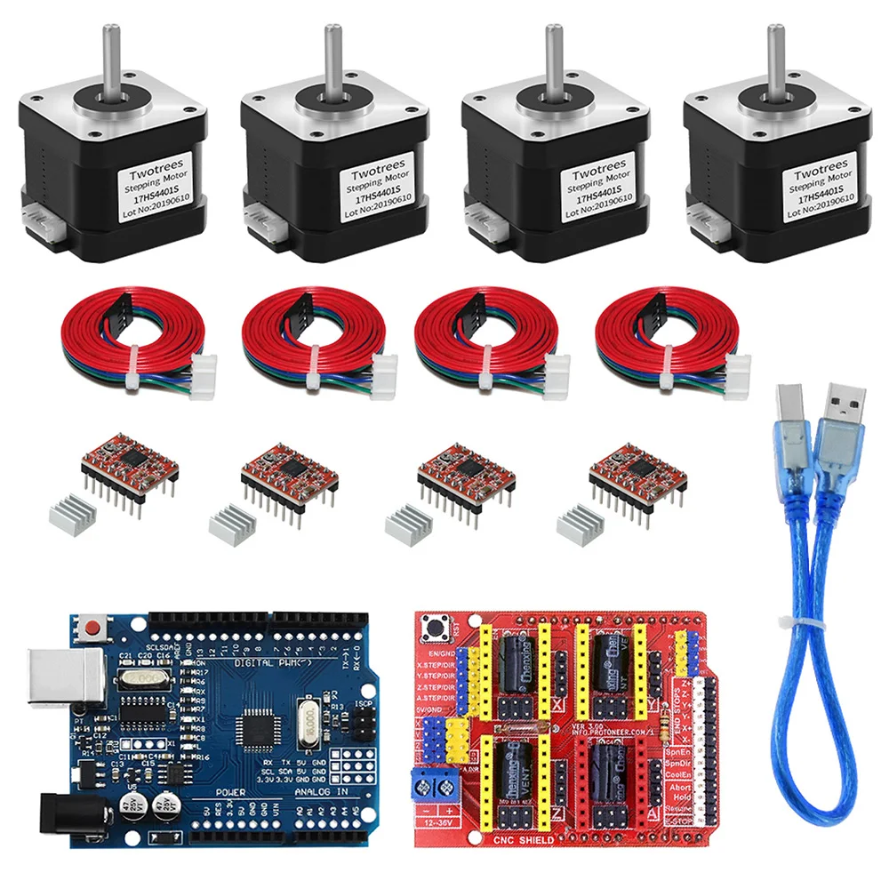 Máquina de grabado CNC Shield V3 + Motor paso a paso Nema17 de 4 conductores 42 Motor + 4 Uds. Placa de expansión del controlador A4988 piezas de impresora 3D R3