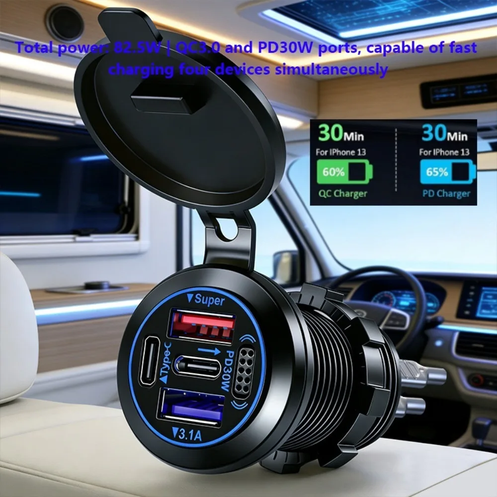 NUEVO Cargador de Coche Integrado de 12V-24V, PD30W QC3.0, 4 Puertos USB C de Carga Rápida, Toma de Corriente Impermeable para Motocicleta, RV, Camión