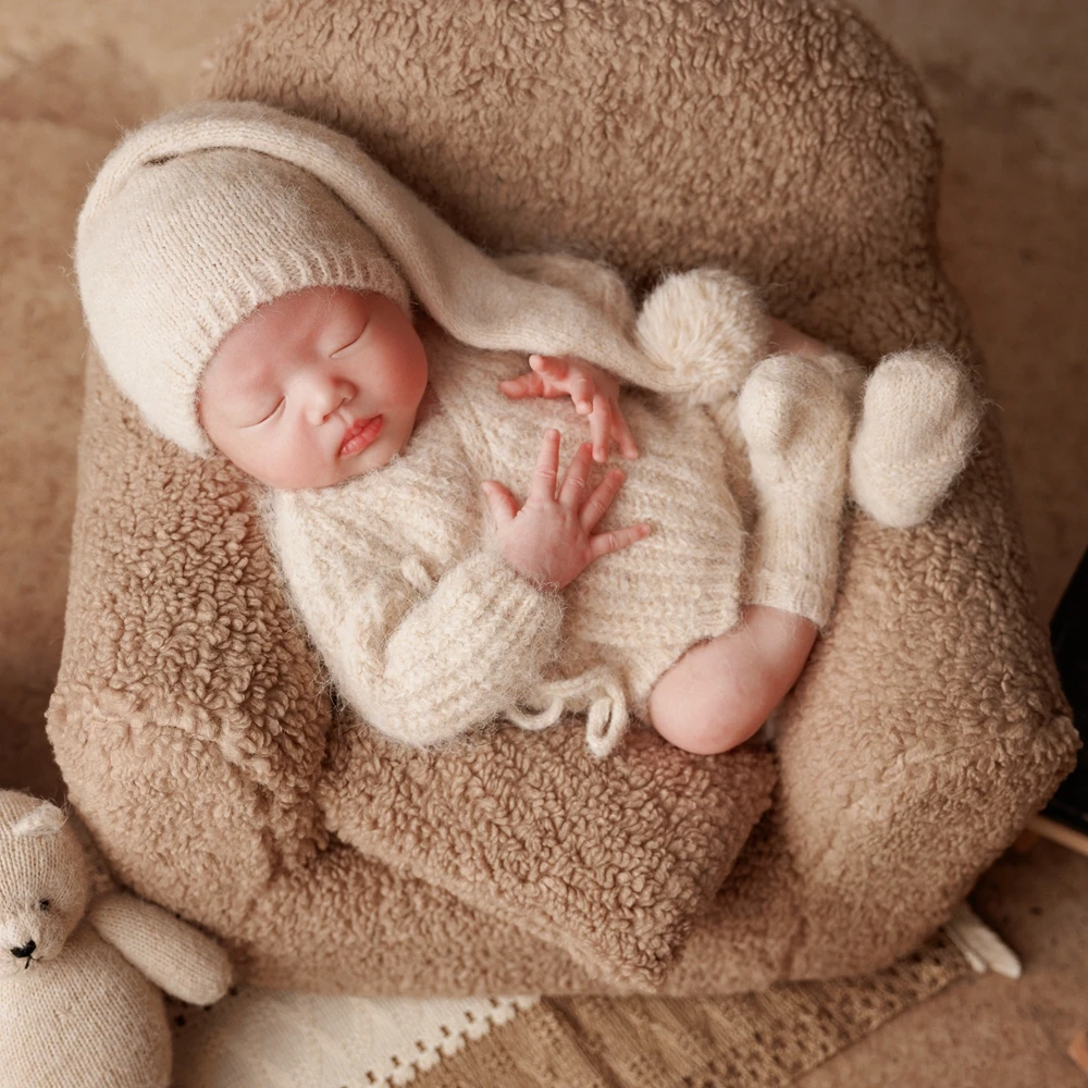 Trajes de punto para sesión de fotos de recién nacido, Top de manga larga, sombrero corto suave para dormir, calcetines, ropa de fotografía infantil blanca, disfraz para recién nacido