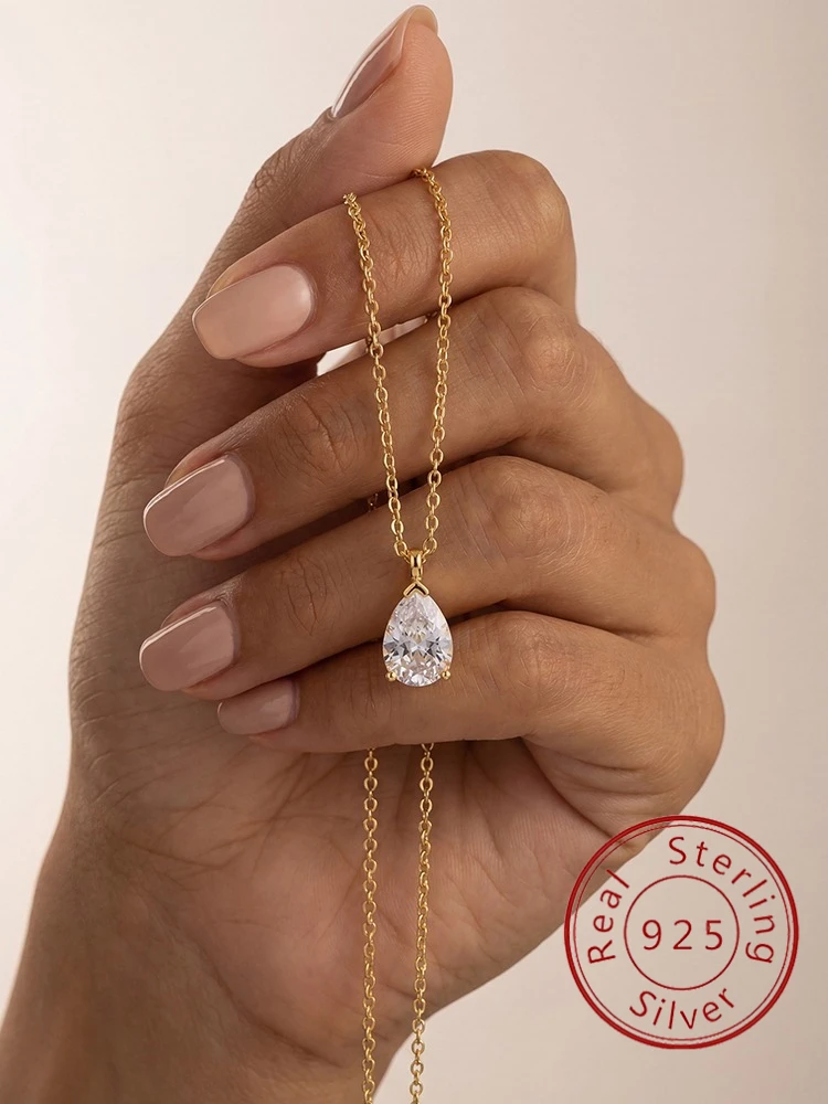 Collar de plata de ley 925 con forma de pera vertical y circonita para mujer, joyería fina minimalista de alta calidad para fiesta de compromiso y boda