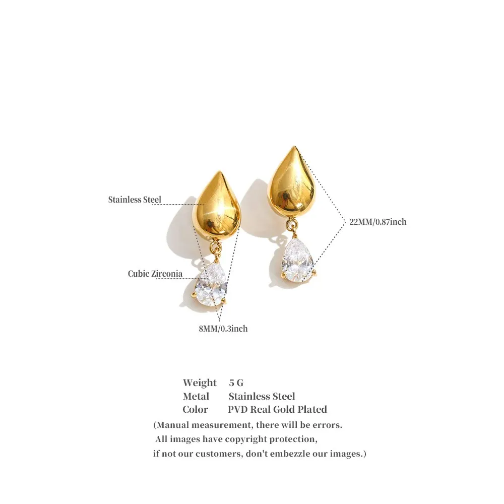 Yhpup Pendientes colgantes de acero inoxidable con circonita en forma de gota de agua, impermeables, chapados en PVD de 16K, joyería de alta calidad para mujer