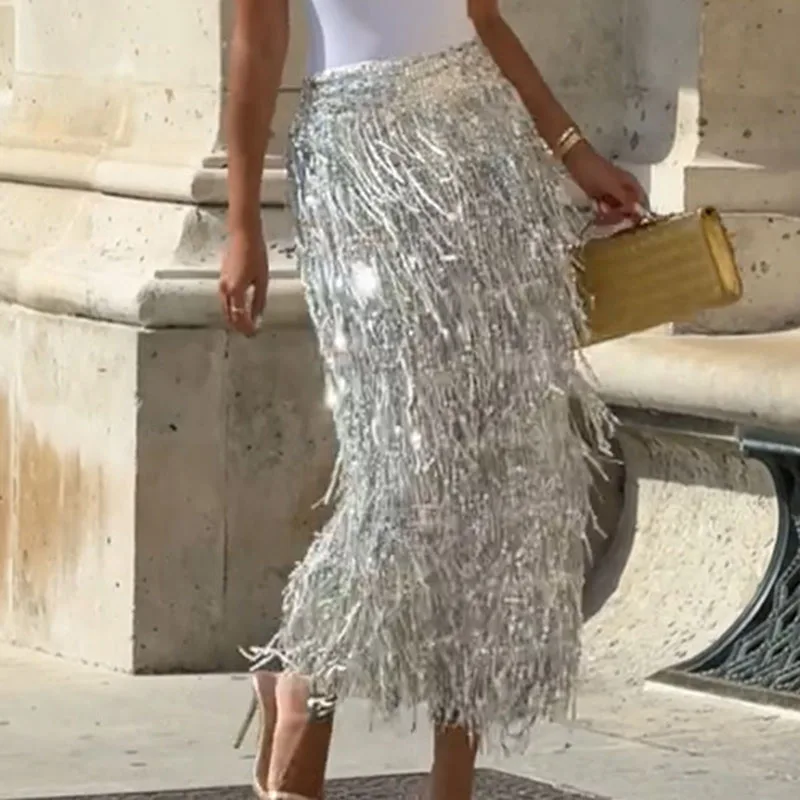 Faldas de noche brillantes con lentejuelas brillantes y purpurina, falda elegante de cintura alta con borlas divididas, falda Sexy de verano para mujer 2026