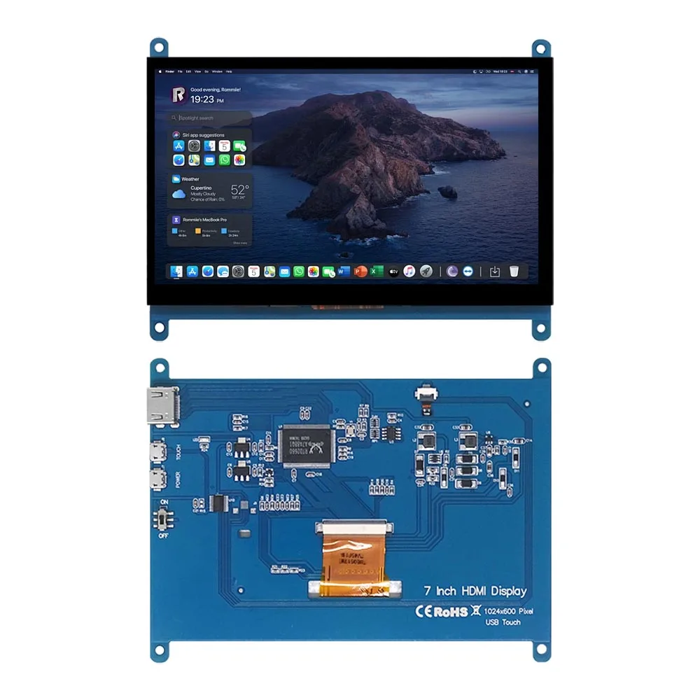 Monitor Raspberry Pi de 7 pulgadas, 4/3/2/B/B +/A +, 1024x600 IPS, unidad de pantalla táctil capacitiva de 5 puntos, pantalla HDMI gratuita para Win 7/8/10