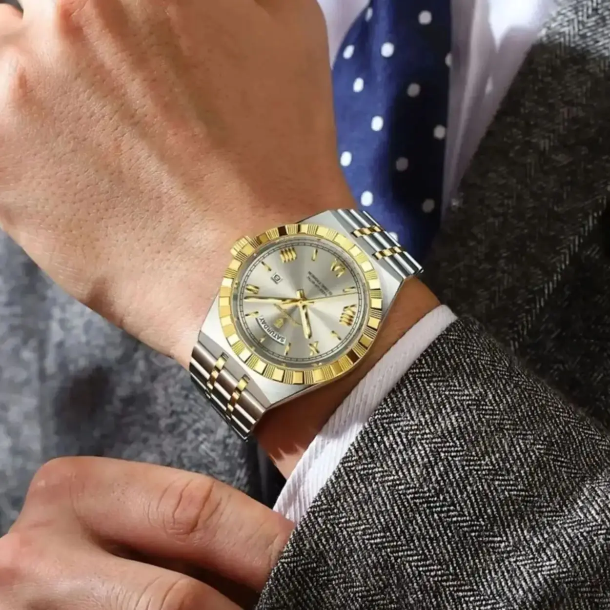 POEDAGAR, reloj de negocios a la moda para hombre, luminoso, resistente al agua, fecha semanal, reloj de pulsera de lujo para hombre, relojes de cuarzo de acero inoxidable para hombre