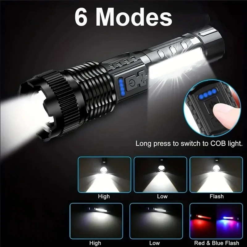 Linternas Led de alta potencia, linterna táctica muy fuerte, 6 modos, recargable, para acampar, pescar, linterna con Zoom de emergencia