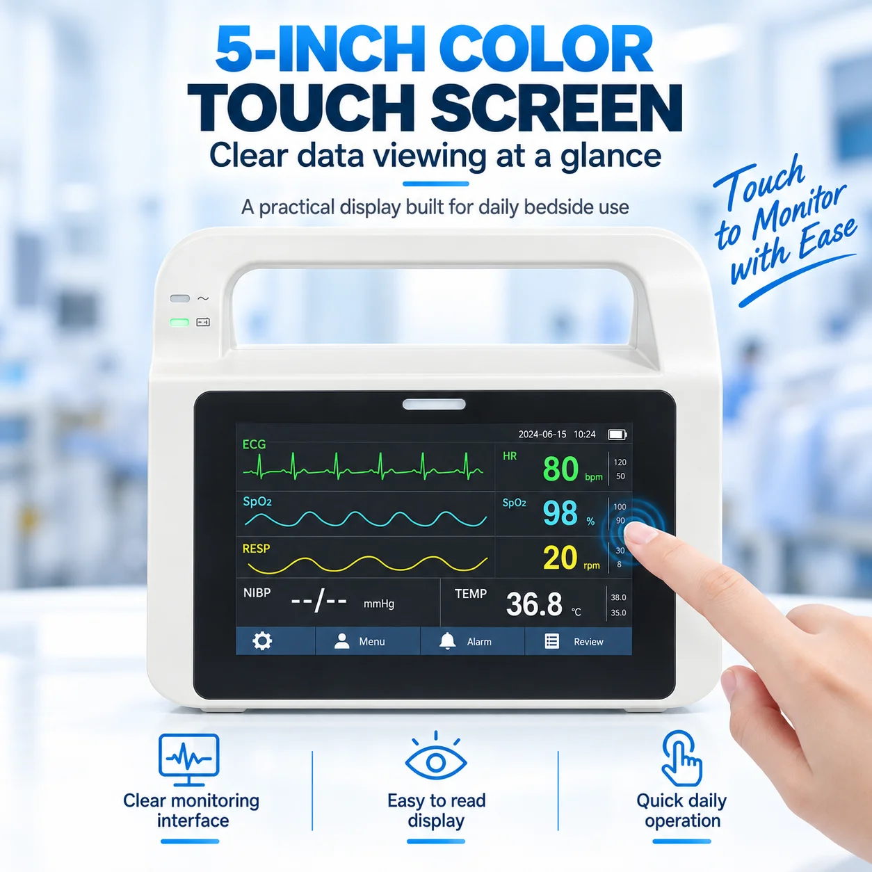 Monitor de signos vitales multiparamétrico para pacientes Resoxy E5, con ECG, SpO2, NIBP, RESP y temperatura, pantalla táctil de 5 pulgadas, dispositivo portátil.