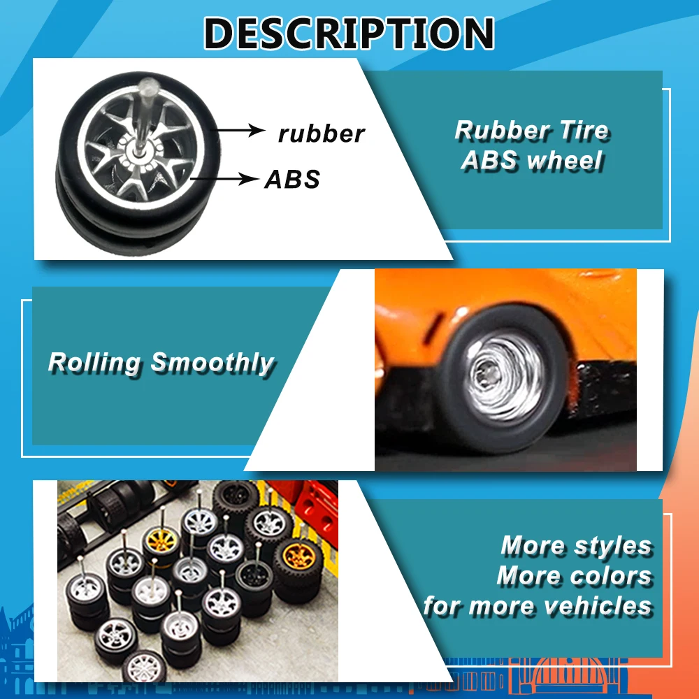 Ruedas 1/64 con neumáticos de goma fijos, ramas de radios para modelo de juguete, piezas de reacondicionamiento de coches fundidos a presión para Hotwheels (5 juegos para 5 coches)
