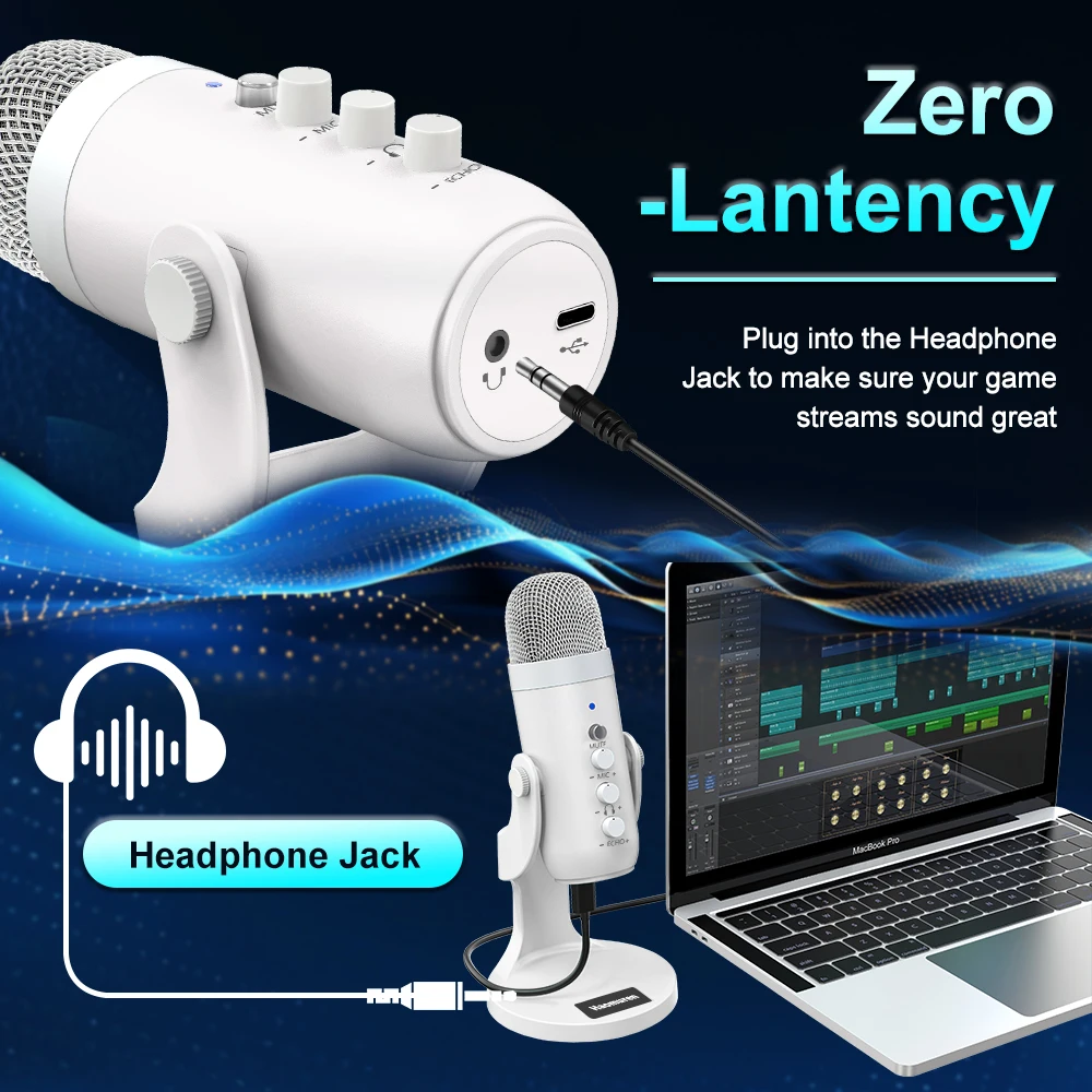 Micrófono condensador USB blanco profesional, micrófono de grabación de estudio para PC, ordenador, teléfono, juegos, Streaming, Podcast, vocales, Youtube