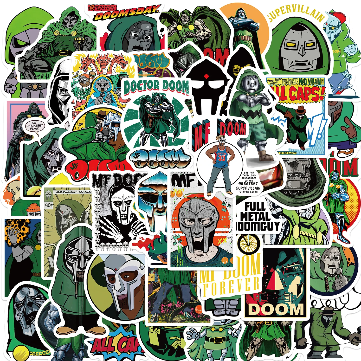 50 Uds rapero de Hip Hop Mf Doom pegatinas cantante Graffiti monopatín DIY teléfono equipaje portátil guitarra juguetes calcomanías pegatina para ventilador