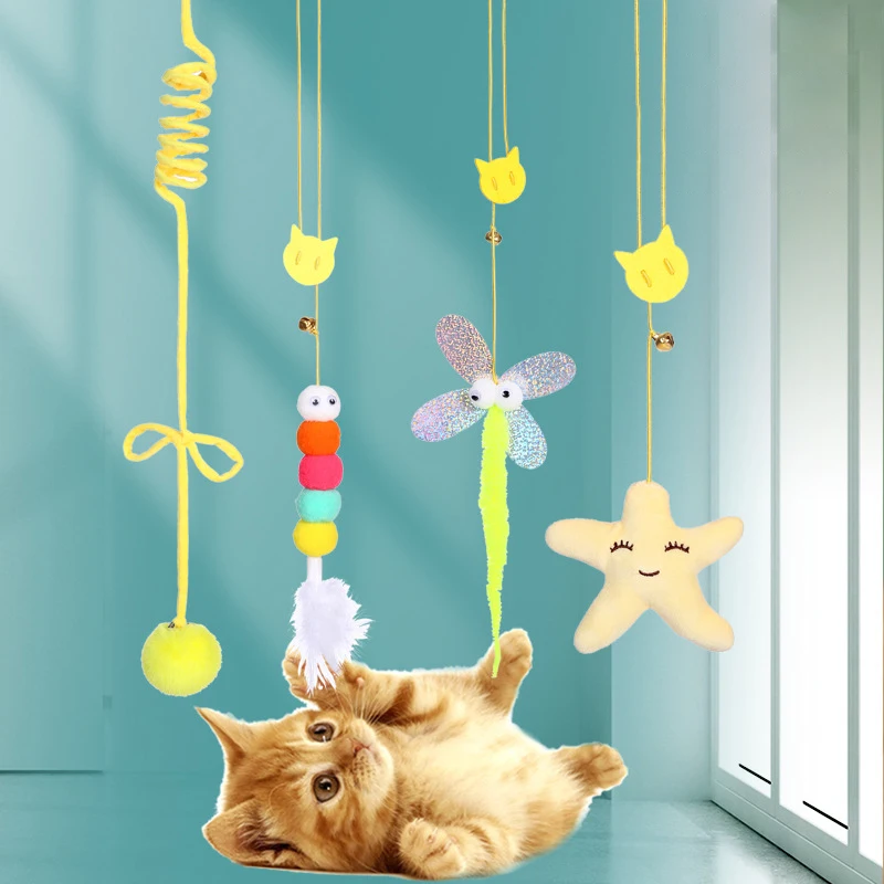 Juguete de simulación para gato, cuerda para rascar, pluma divertida para gatito, juego interactivo, puerta colgante retráctil, suministros para mascotas