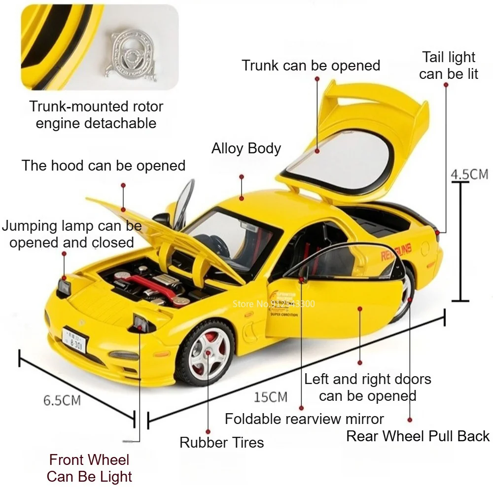 Coche de Juguete a Escala 1:32, Modelo RX7-FD, con Sonido y Luz, Vehículos de Juguete con Retroceso, Puertas que se Abren, Juguetes en Miniatura, Decoración para el Hogar