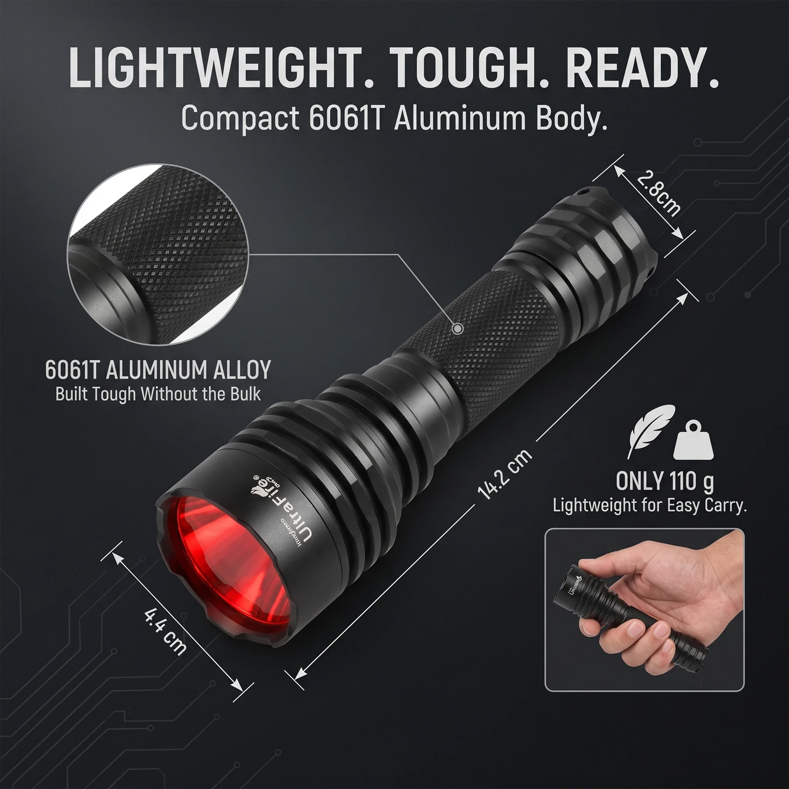 UltraFire C8 Linterna Luz Roja 620nm LED Antorcha de Caza Modo Único Visión Nocturna Táctica para Coyote Jabalí Astronomía Impermeable