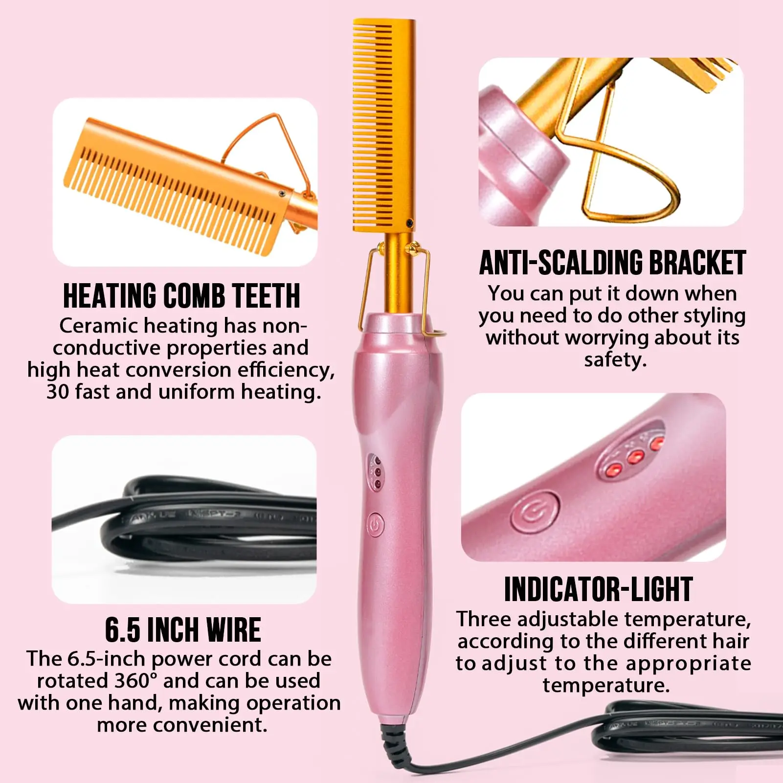 GOIPLE Set de Peine Eléctrico Calentado, 3 Ajustes de Calor, Peine de Prensado Dorado en Rosa Champán con Estilizado de Bordes y Accesorios para Pelucas
