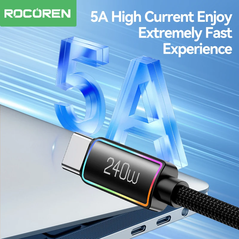 Rocoren 240W 5A Cable de carga rápida de alta potencia tipo C 100W PD 3,1 USB C Cable de fecha de carga rápida para iPhone Samsung portátil iPad