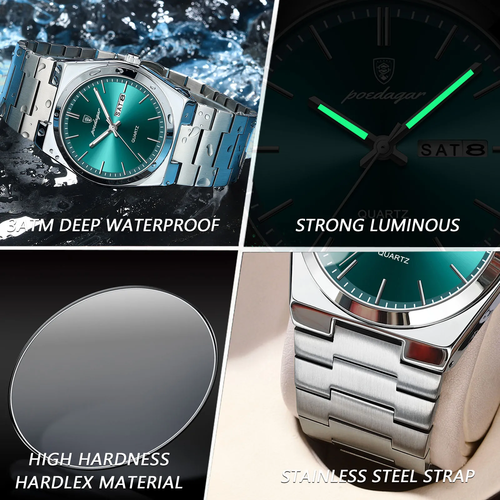 POEDAGAR, relojes de lujo para hombre, Reloj luminoso resistente al agua con fecha y semana para hombre, Reloj de pulsera informal de acero inoxidable a la moda de cuarzo para hombre, Reloj