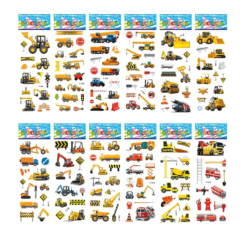 10 hojas de pegatinas hinchadas 3D para niños, pegatinas de excavadora de vehículos de ingeniería, pegatinas de coches de dibujos animados, juguetes para niños, regalo para niños