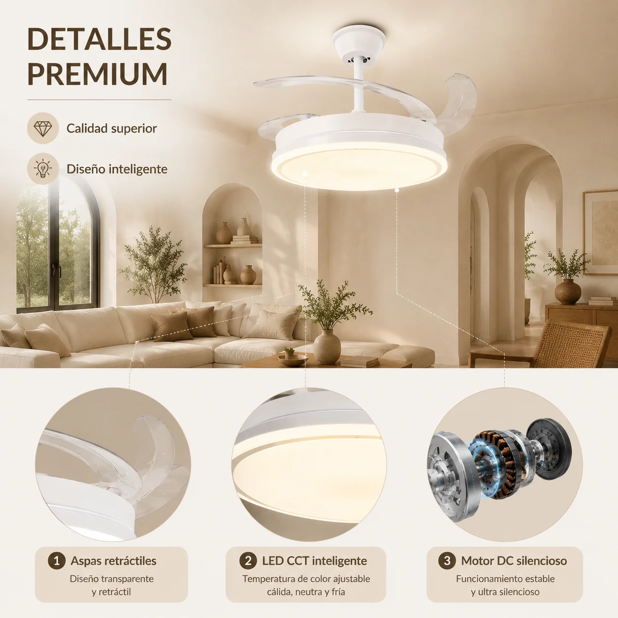 Ventilador de techo retráctil con luz LED integrada, motor DC silencioso y control remoto, 6 velocidades con iluminación CCT regulable para salón dormitorio comedor, ventilador moderno 2 en 1 de bajo consumo y diseño elegante