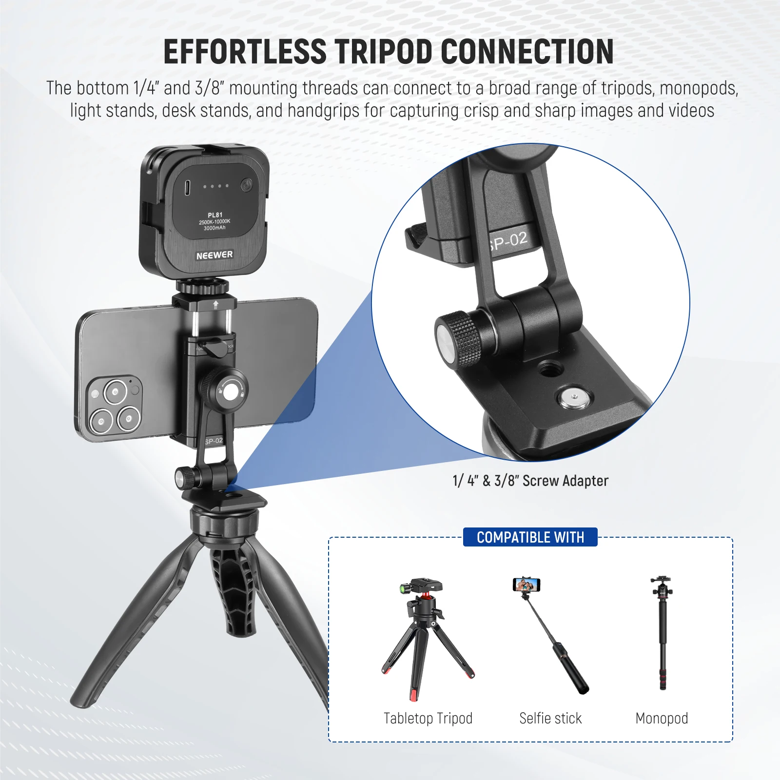 NEEWER Adaptador de montaje en trípode para teléfono de metal con base Arca QR, zapata fría, 360 °   Giratorio 180 °   Inclinación, soporte para teléfono compatible con iPhone