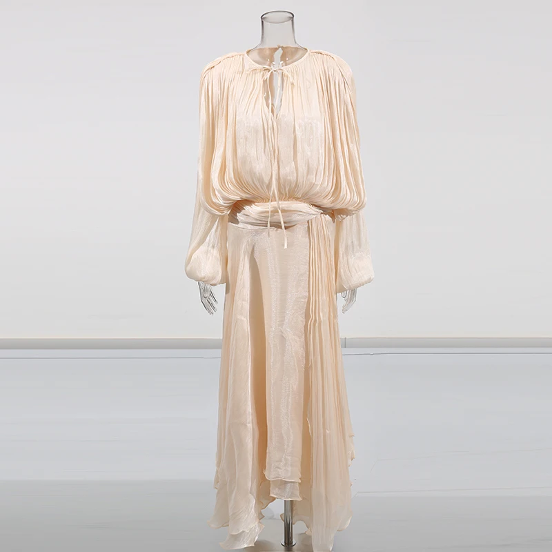 TWOTWINSTYLE, vestidos elegantes lisos sueltos con pliegues empalmados para mujer, cuello redondo, manga larga, vestido de retazos con cordones, moda femenina