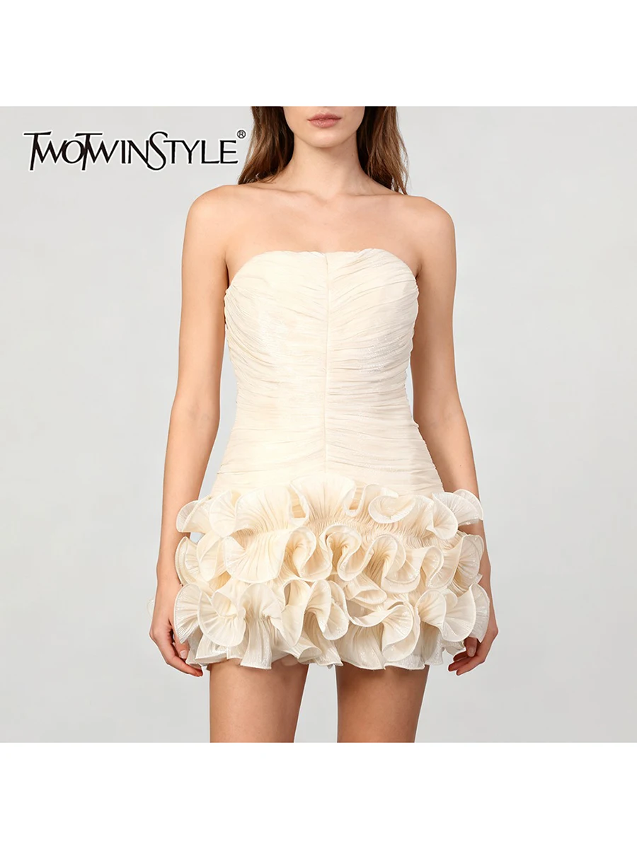 TWOTWINSTYLE, minivestidos elegantes con pliegues empalmados adelgazantes para mujer, sin tirantes, sin mangas, de retazos, con pliegues de hongos, vestido femenino nuevo