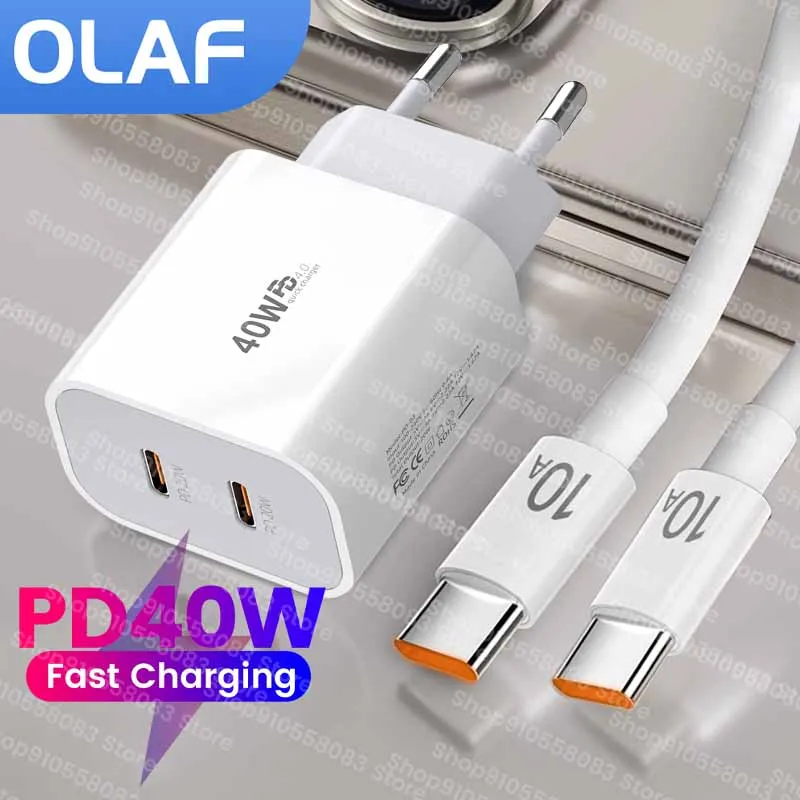 Cargador rápido de 40W tipo C adaptador de cargador de carga rápida PD de doble puerto para iPhone 15 14 Samsung S23 Xiaomi 10A Cable USB C a USB C