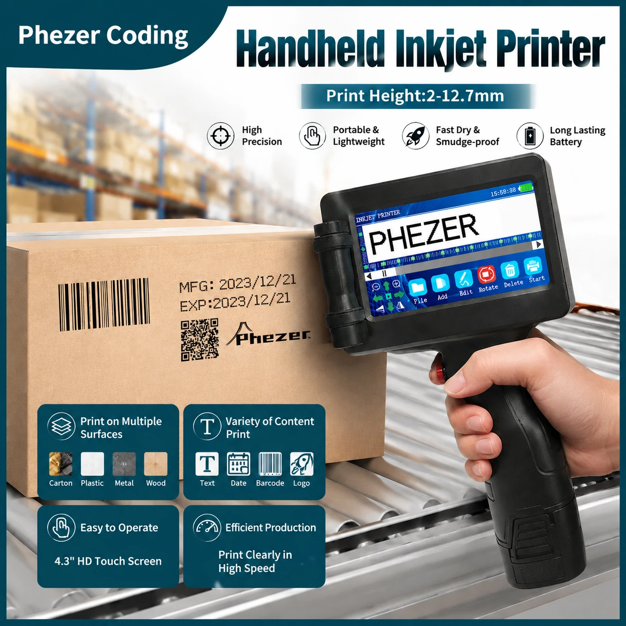 Impresora de Inyección de Tinta Portátil Phezer 12.7mm P17, Impresora de Etiquetas, Fecha de Caducidad, Código de Lote, Logotipo, Código QR, 28 Idiomas