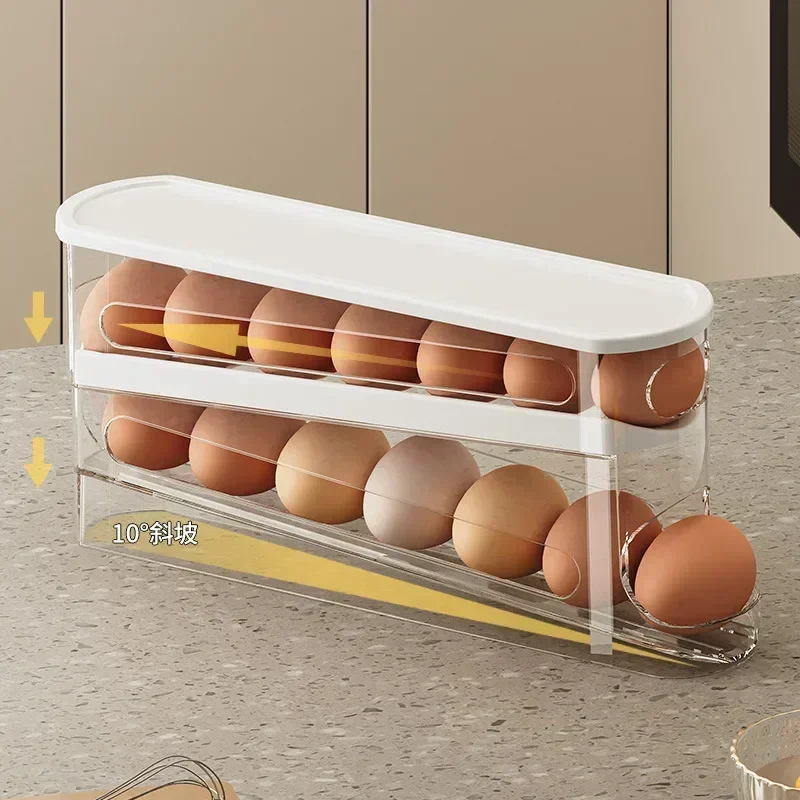 Caja de Almacenamiento de Huevos para Refrigerador de Dos Niveles, Dispensador de Huevos Automático con Rodillos, Organizador de Huevos en Forma de Escalera
