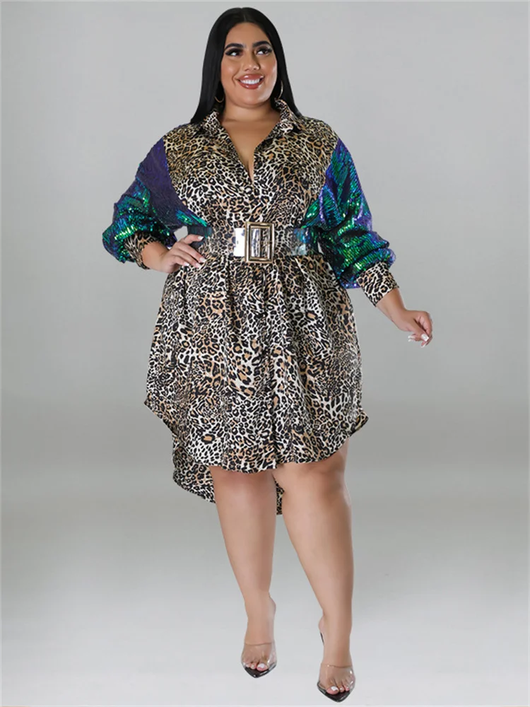 Wmstar-Vestidos de Fiesta de talla grande para mujer, manga de lentejuelas, retales de leopardo, Vestido camisero Midi elegante, venta al por mayor, envío directo con cinturón