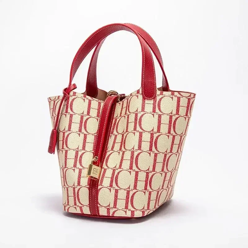 Bolso Tote CH para Mujer, Bolso de Mano de Cuero con Monograma de Lujo, Bolso de Moda con Asa Superior, Bolso Tipo Cubo Elegante con Cierre para el Uso Diario