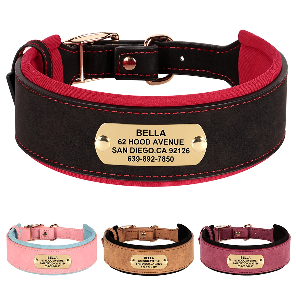 Collar de cuero personalizado para perro, collares acolchados anchos y suaves para perros medianos y grandes con placa de identificación grabada gratis, accesorios para perros