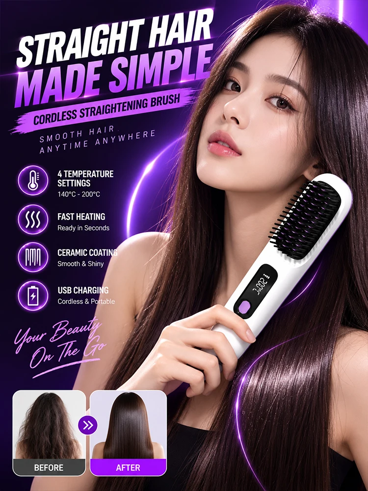 Cepillo Alisador de Cabello Inalámbrico, Peine Eléctrico con Calor, Recargable por USB, 4 Niveles de Temperatura, Pantalla Digital para Mujeres, Ideal para Viajes
