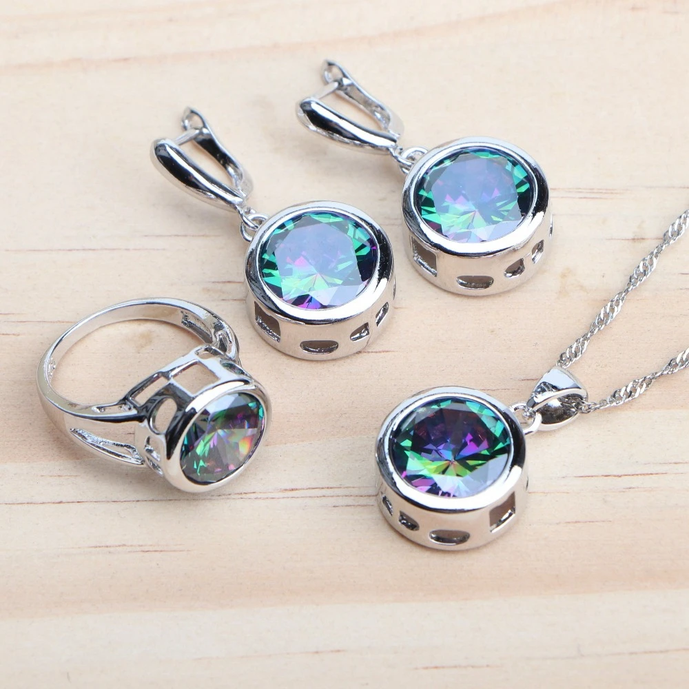 Conjuntos de joyería de plata de ley 925 para mujer, pendientes de circón de arcoíris mágicos naturales, anillo, pulseras, colgante, conjunto de collar de boda