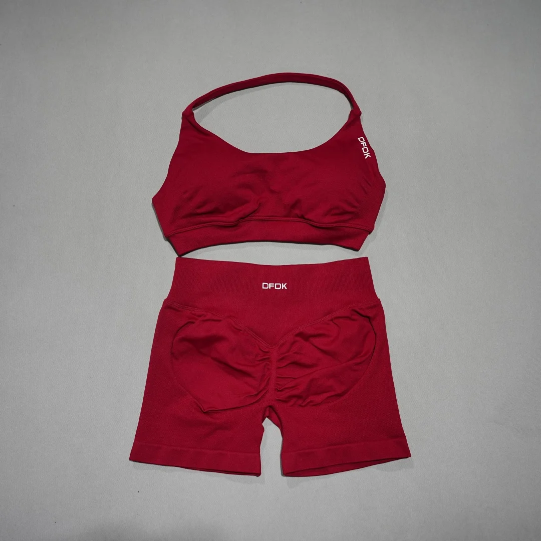 DFDK Conjunto deportivo de 2 piezas para mujer, sujetador deportivo con cordones, pantalones cortos sin costuras, leggings, yoga, gimnasio, fitness, correr, chándal